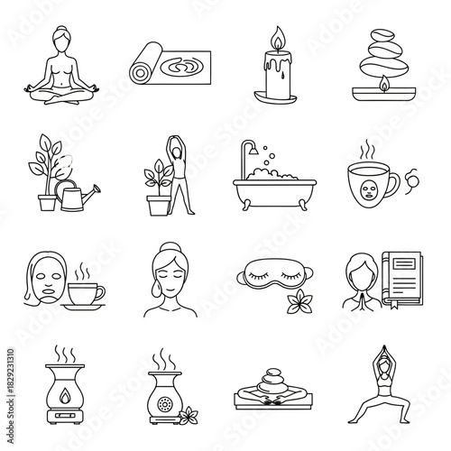 Serene self-care icons evoking peace and relaxation for wellness brands and lifestyle content creation