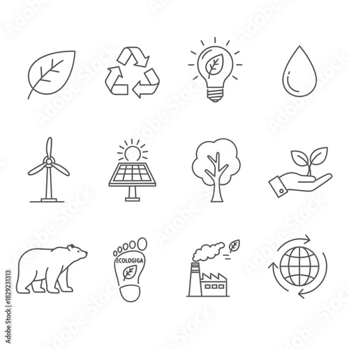 Eco-friendly icons symbolizing sustainability, renewable energy, nature conservation, and environmental awareness for modern design.