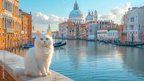 A beautiful white cat sits on a wall overlooking a picturesque Venetian canal lined with historic buildings.