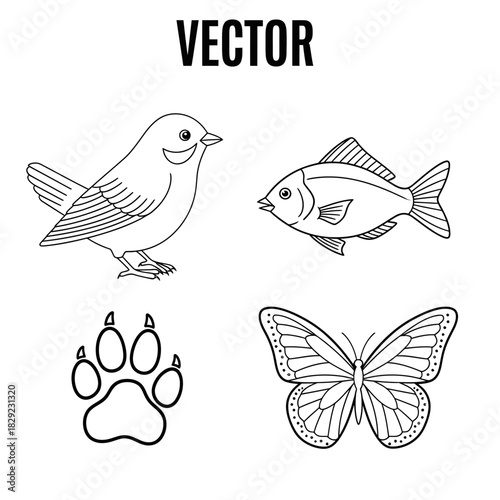 Charming collection of natural elements featuring a bird, fish, paw print, and butterfly for design projects