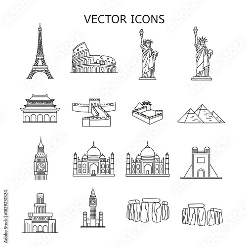 Iconic global landmarks collection for travel inspiration and design projects showcasing world famous monuments with clean line art style
