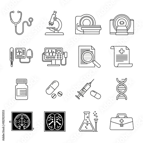 Modern medical icons showcase diagnostics, treatment, research, and patient care essentials for healthcare innovation