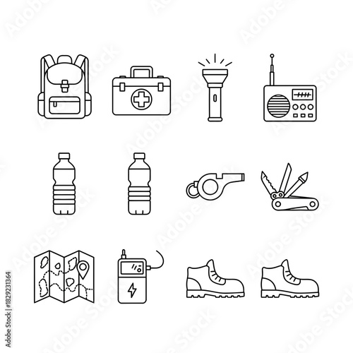 Essential outdoor adventure gear icons for hiking, camping, and survival preparedness, showcasing modern minimalist design for travel planning and safety.