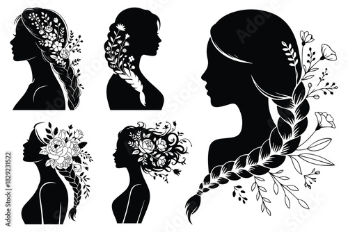 Five black silhouette female profiles with floral hair designs