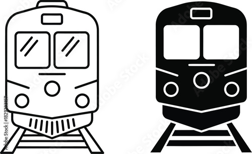 Two train front views one line art one silhouette on tracks vactor railway transportation