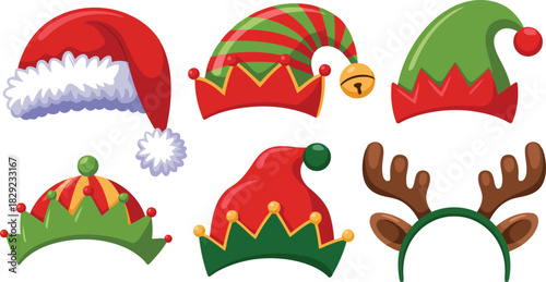 A cheerful collection of various festive Christmas hats including Santa, elf, and reindeer antlers