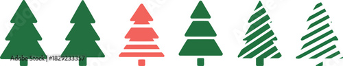 A clean display of green and red stylized Christmas tree icons with striped details on a pure white canvas