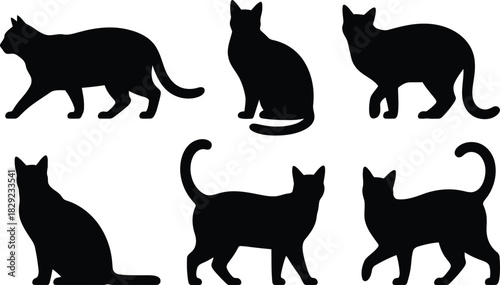 A collection of black cat silhouettes in different postures demonstrating feline grace and variety