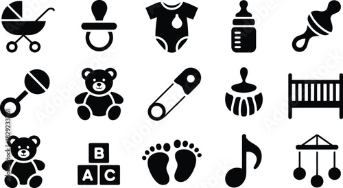 A collection of black silhouette icons depicting various essential items for baby care and infancy