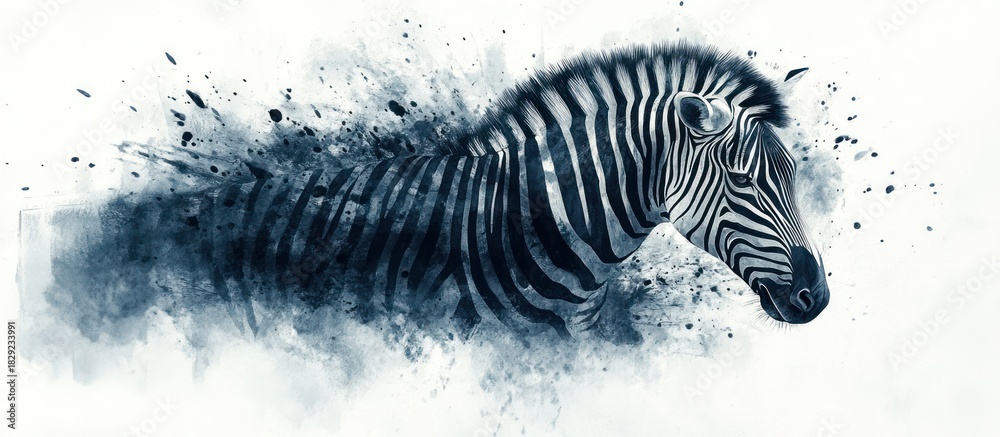 Fototapeta premium Abstract Zebra, Ink Splash, White Background, Wildlife Art