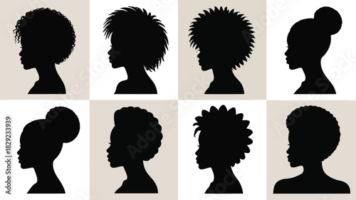 A collection of eight distinct black female profile silhouettes highlighting varied and fashionable hairstyles