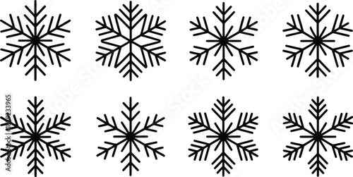 A collection of eight simple black outline snowflake icons on a clean white background