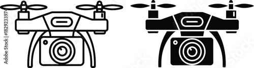 Vactor Black and white drone icons with camera and propellers quadcopter symbol
