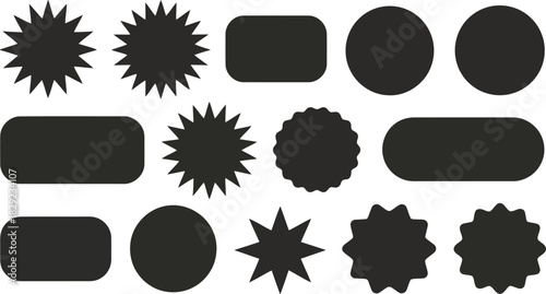 A collection of various black geometric shapes and starburst designs on a clean white background