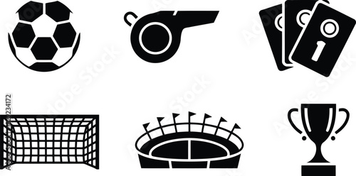 A complete set of black and white icons representing soccer equipment and elements like a ball and trophy