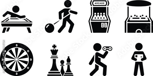 A comprehensive set of black silhouette icons representing diverse sports leisure and observational activities