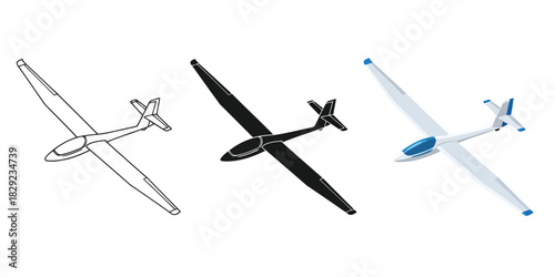 Three glider illustrations a detailed outline, a sleek black silhouette, and a vibrant colored design, all