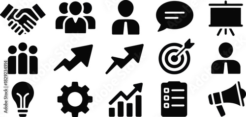 A curated collection of essential business and strategic planning glyph icons on white