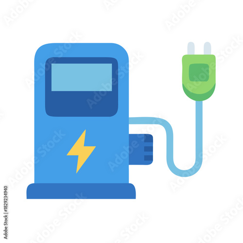 Electric car charging station icon with plug in flat style