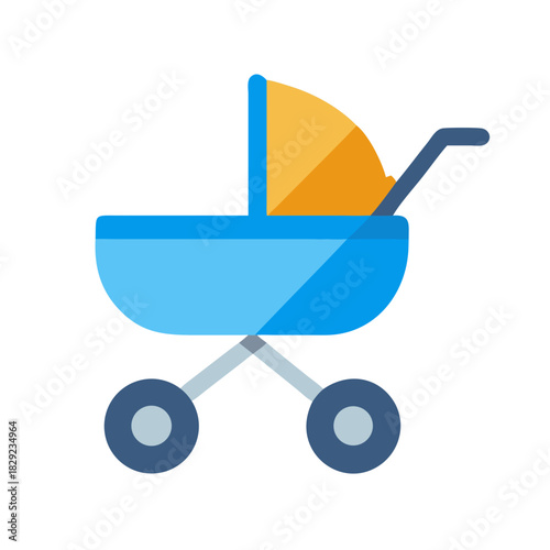 Simple blue and yellow baby carriage flat vector graphic