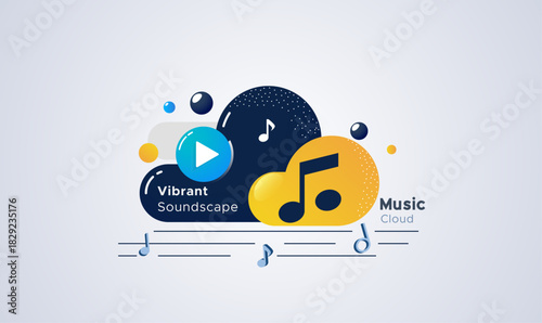 Music Cloud vector illustration featuring a stylized cloud, play button, and musical notes in a vibrant, abstract style. Represents online storage, digital audio, and streaming services. Music Notes