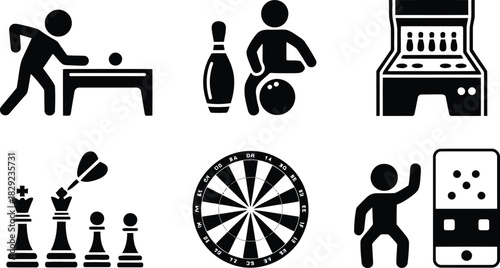 A dynamic set of black silhouette icons showcasing popular sports and recreation activities on a clean white background