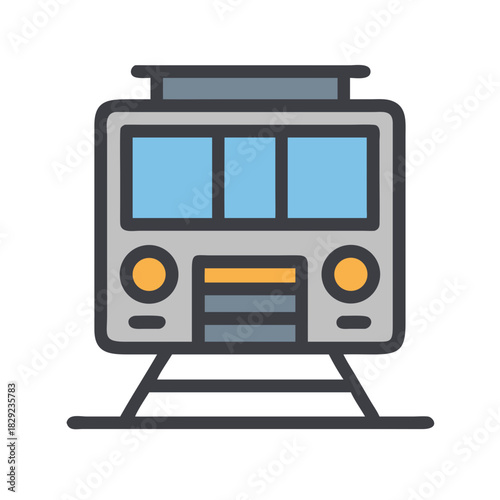 Illustrated train icon on rail tracks with simple design