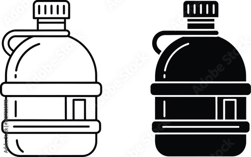 Vactor Black and white outline and solid icons of a large water bottle graphic symbol