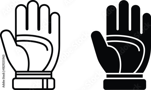 Vactor Black and white outline and solid silhouette icons of a baseball glove sports equipment