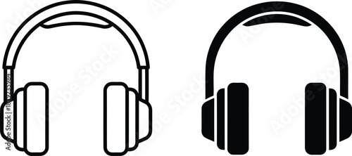 Vactor Black and white outline and solid silhouette icons of over ear headphones audio