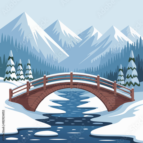 A picturesque winter landscape featuring a stone bridge over a partially frozen river, surrounded by snow-covered mountains and pine trees.