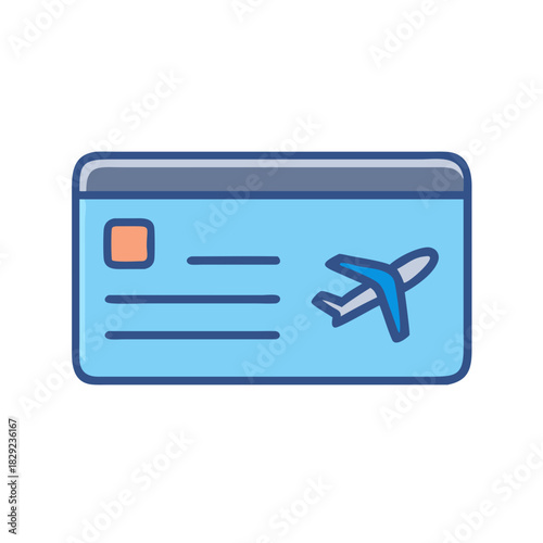 Airline ticket graphic illustration with airplane on blue background