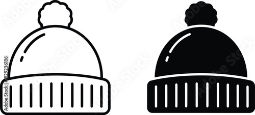 Vactor Black and white outline and solid silhouette of a winter beanie hat with pom