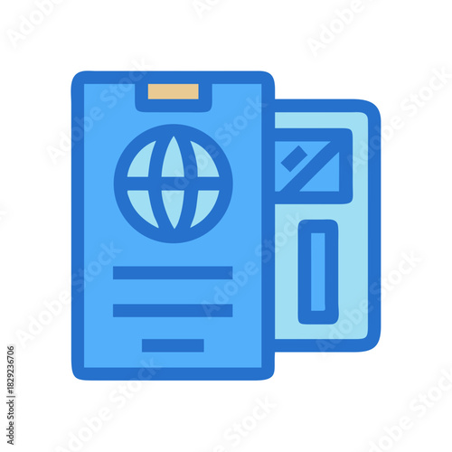 Stylized illustration of passport document with globe symbol icon