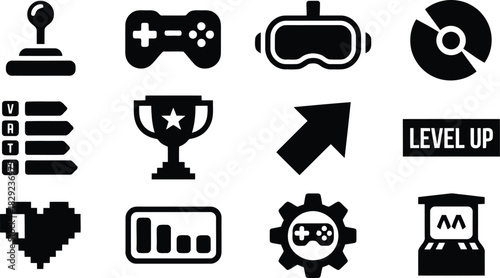 A set of black silhouette icons representing common elements and symbols found in video games and esports