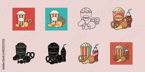 Collection of cartoon snack illustrations including popcorn chips pretzels cookies and drink vactor