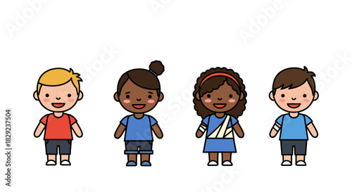 Diverse children illustrations cartoon kids standing together promoting inclusion education and health awareness for elementary school materials.