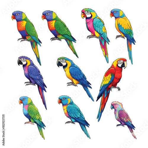 Set of 10 Colorful Exotic Parrots and Macaws - Detailed Tropical Bird Vector Illustration