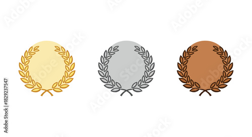 Gold silver bronze laurel wreaths for achievement symbolizing success recognition and premium quality for design elements and award presentations.