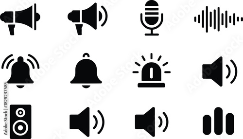 A versatile set of twelve black audio icons including megaphones, microphones, ringing bells and speaker symbols