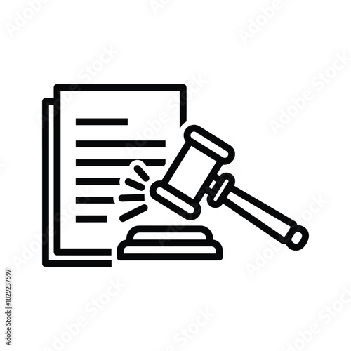 Black and white line icon representing law, justice, auction, or legal document with gavel