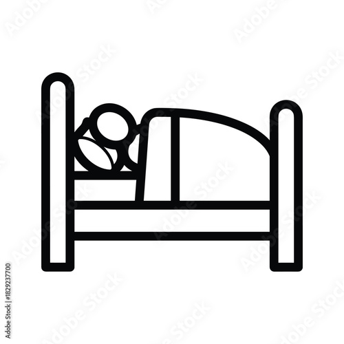 Simple black and white icon representing a person sleeping soundly in a bed, isolated on