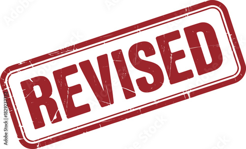 A worn red rubber stamp graphic clearly displaying the word REVISED on a clean white background