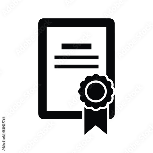 Black and white icon representing a certificate or diploma with a seal or ribbon