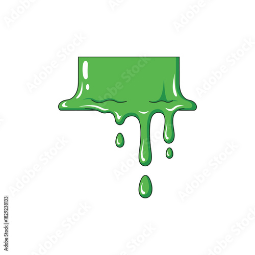 Green slime dripping down from a rectangular shape, creating a gooey and playful effect on a white surface, evoking a sense of fun and creativity.
