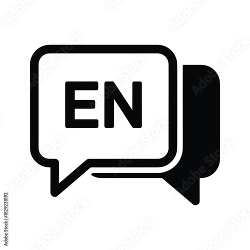 Black and white icon of two speech bubbles with en text representing english language communication