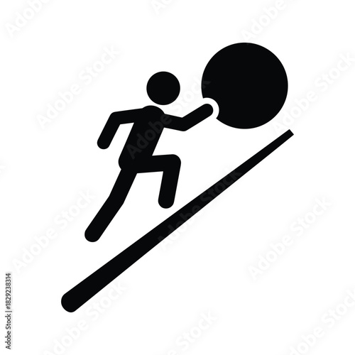 Stick figure pushing large ball up steep incline isolated on