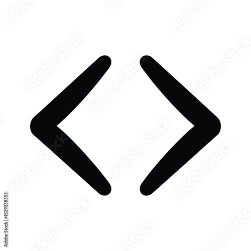 Black angle bracket symbol representing less than and greater than signs isolated on