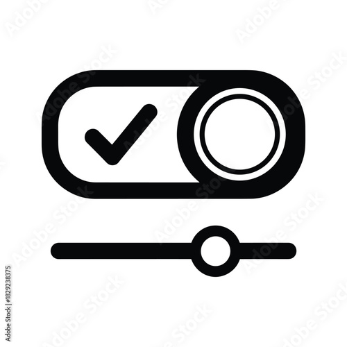 Black and white icon representing an activated toggle switch with a checkmark