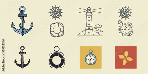 Collection of nautical icons including anchors lighthouse compass ship wheel and lifebuoy vactor